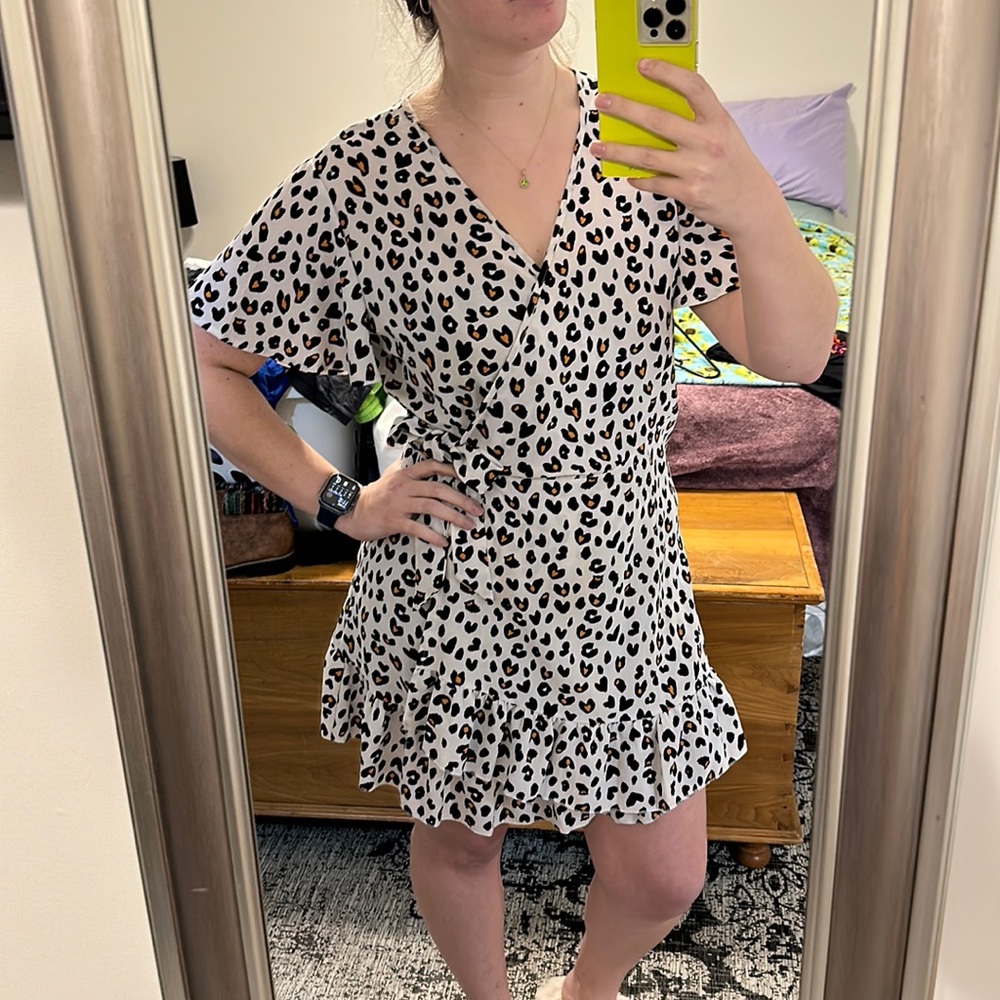 White leopard print wrap dress